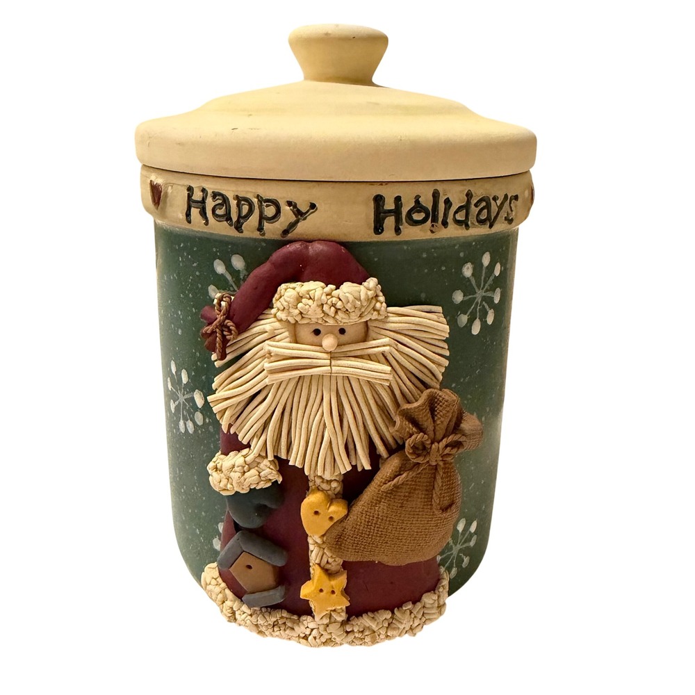 Vintage Ceramic Santa Claus Cookie Jar Happy Holidays Christmas Canister Green
